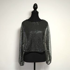 RW&CO Sequin Grid Long Sleeve Popover Blouse Black and Silver Size S